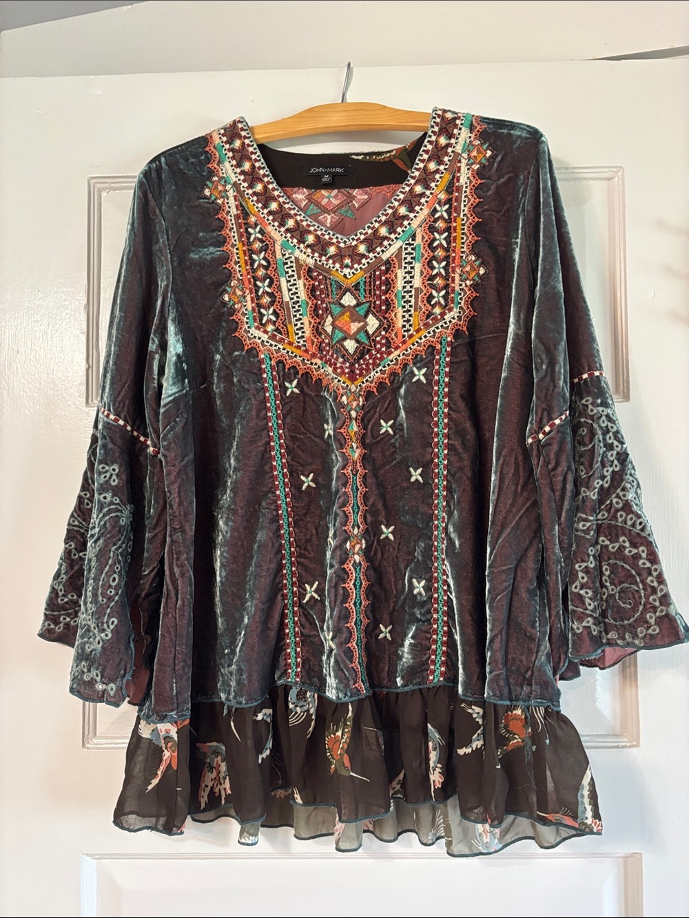 John Mark Teal Velvet Embroidered Boho Tunic